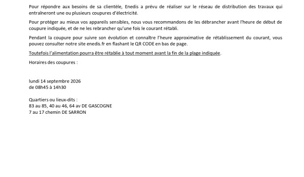 ENEDIS : coupures de courant le 14 septembre !